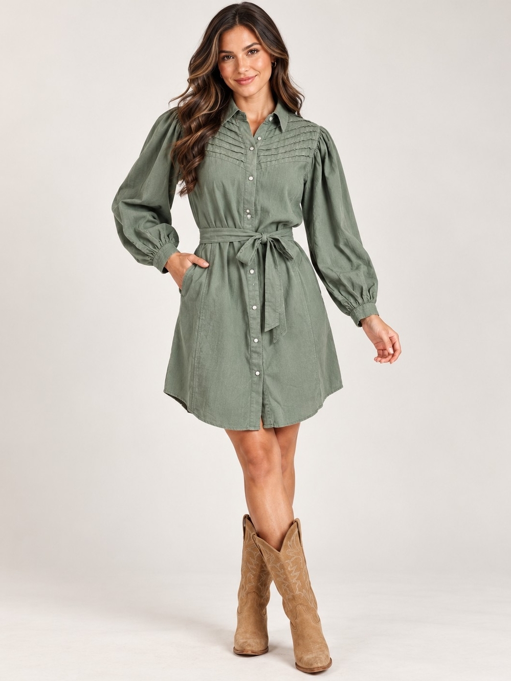 NWT Panhandle Olive Green Western Pearl Snap Belted Shirt Dress XL
